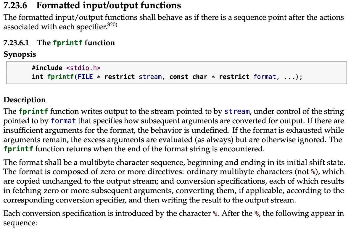 Image from an ISO C draft defining printf as a series of paragraphs in English rather than code.